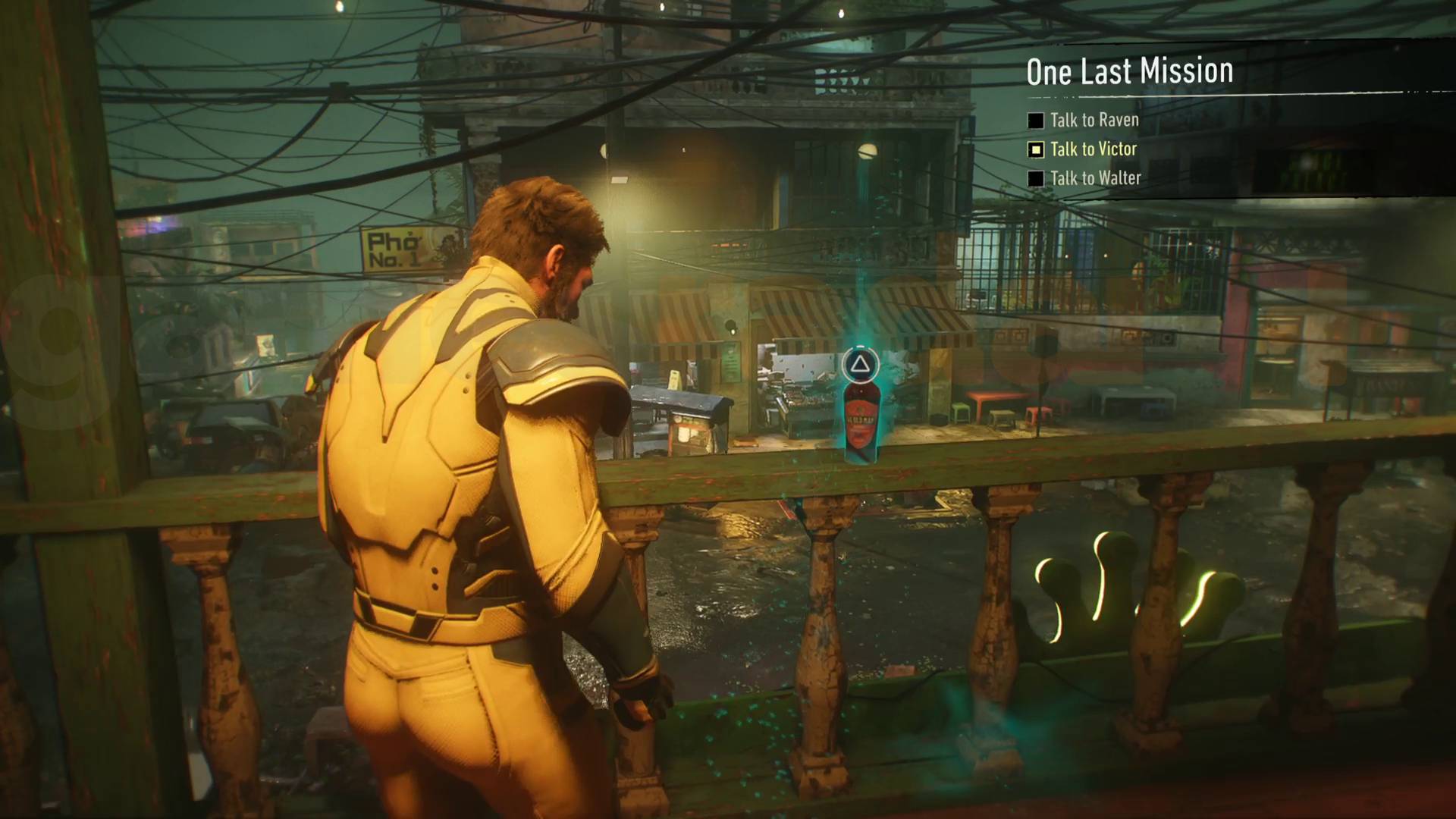 Marvel's Wolverine whiskey bottle on balcony railing in Princess bar in One Last Mission