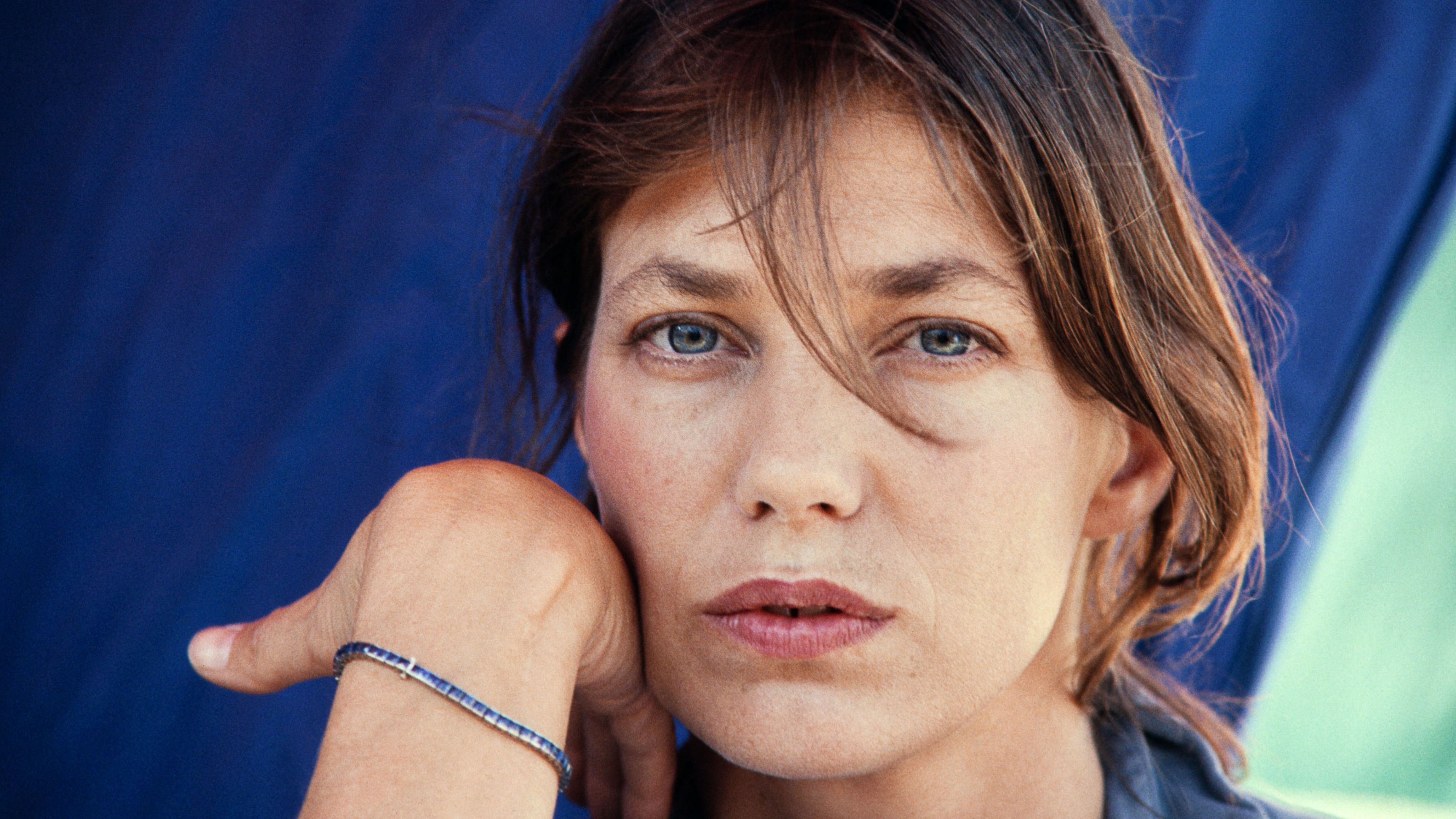 jane birkin on a blue background