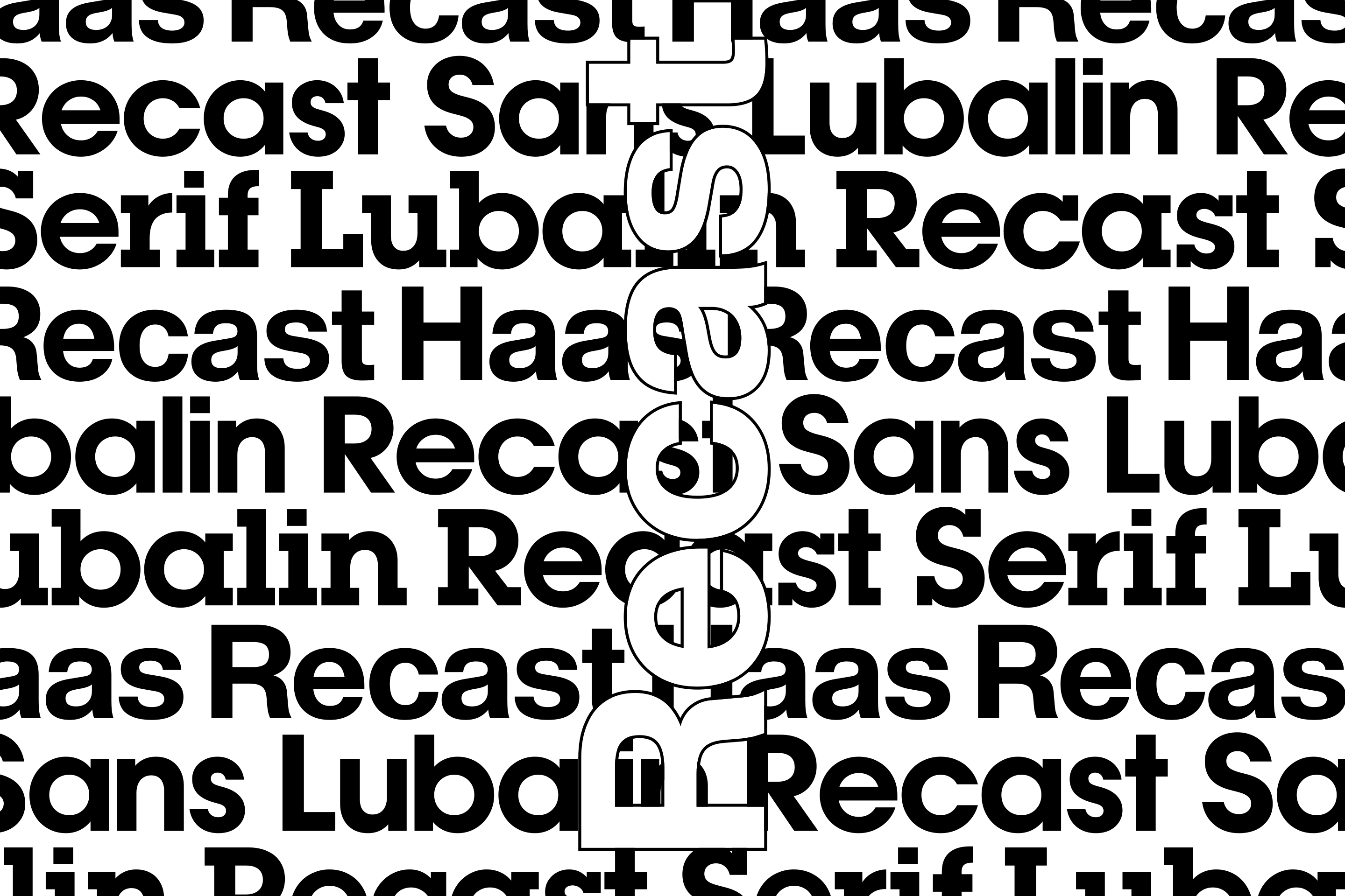 A black-and-white repeating text pattern featuring "Haas Recast," "Lubalin Recast," and "Recast Sans," layered behind a large, vertically oriented outlined word reading "Recast."