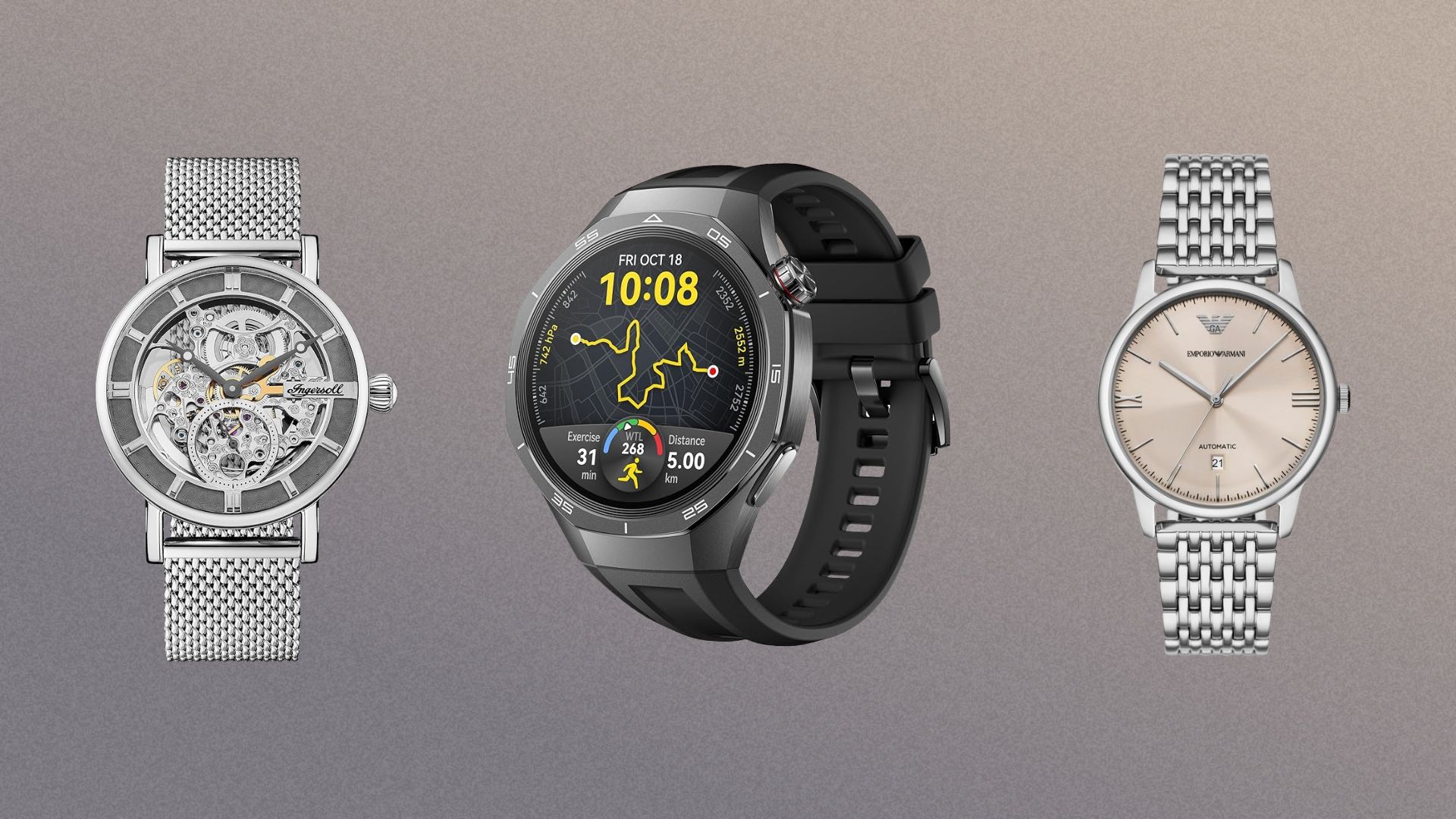 Three watches that are in the Prime Day sale on a grey background, the watches are: Ingersoll The Herald, HUAWEI WATCH GT 5 Pro and Emporio Armani