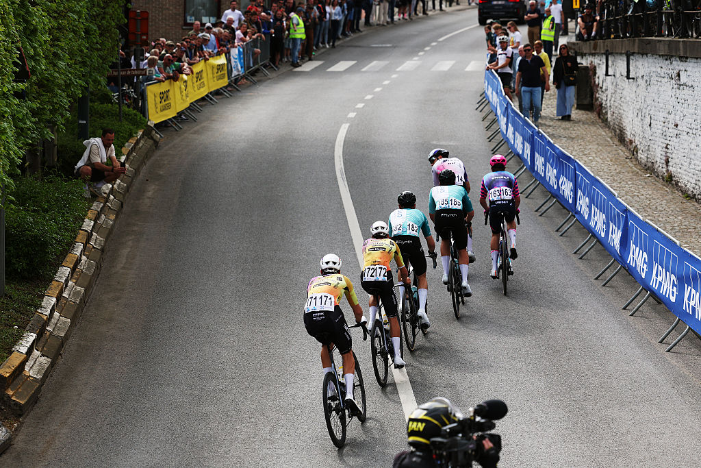 OVERIJSE, BELGIUM - APRIL 17: Vojtech Kminek of Czech Republic and Team Burgos Burpellet BH, Cedrik Bakke Christophersen of Norway and Team Unibet Rose Rockets, Fabrice Lefevre of Belgium and Team Tarteletto - Isorex, Michiel Coppens of Belgium and Team BEAT CC p/b Saxo, Jonah Killy of United States and Team Tarteletto - Isorex and Bram Dissel of Netherlands and Team BEAT CC p/b Saxo compete in the breakaway during the 65th De Brabantse Pijl - La Fleche Brabanconne 2026, Men&amp;amp;apos;s Elite a 162.6km one day race from Beersel to Overijse on April 17, 2026 in Overijse, Belgium. (Photo by Rhode Van Elsen/Getty Images)