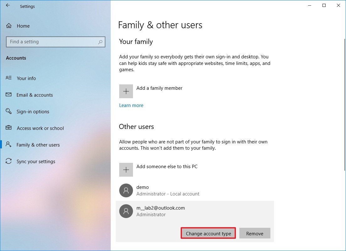 Family & other users settings Change account type option