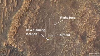 This image shows where NASA's Ingenuity Mars Helicopter team will attempt its test flights. Helicopter engineers added the locations for the rover landing site (also known as “Octavia E. Butler Landing”), the airfield (the area where the helicopter will take off and return), and the flight zone (the area within which it will fly) on an image taken by the High Resolution Imaging Experiment (HiRISE) camera aboard NASA’s Mars Reconnaissance Orbiter.