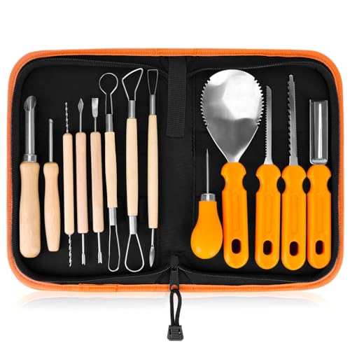 Elmchee Halloween Pumpkin Carving Tools, Halloween Jack-O-Lanterns 13 Piece Professional Pumpkin Cutting Supplies Tools Kit Stainless Steel Lengthening and Thickening