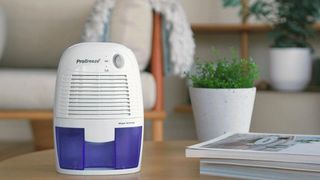Small dehumidifier sits on table to support a gudie for the best dehumidifiers for bedrooms