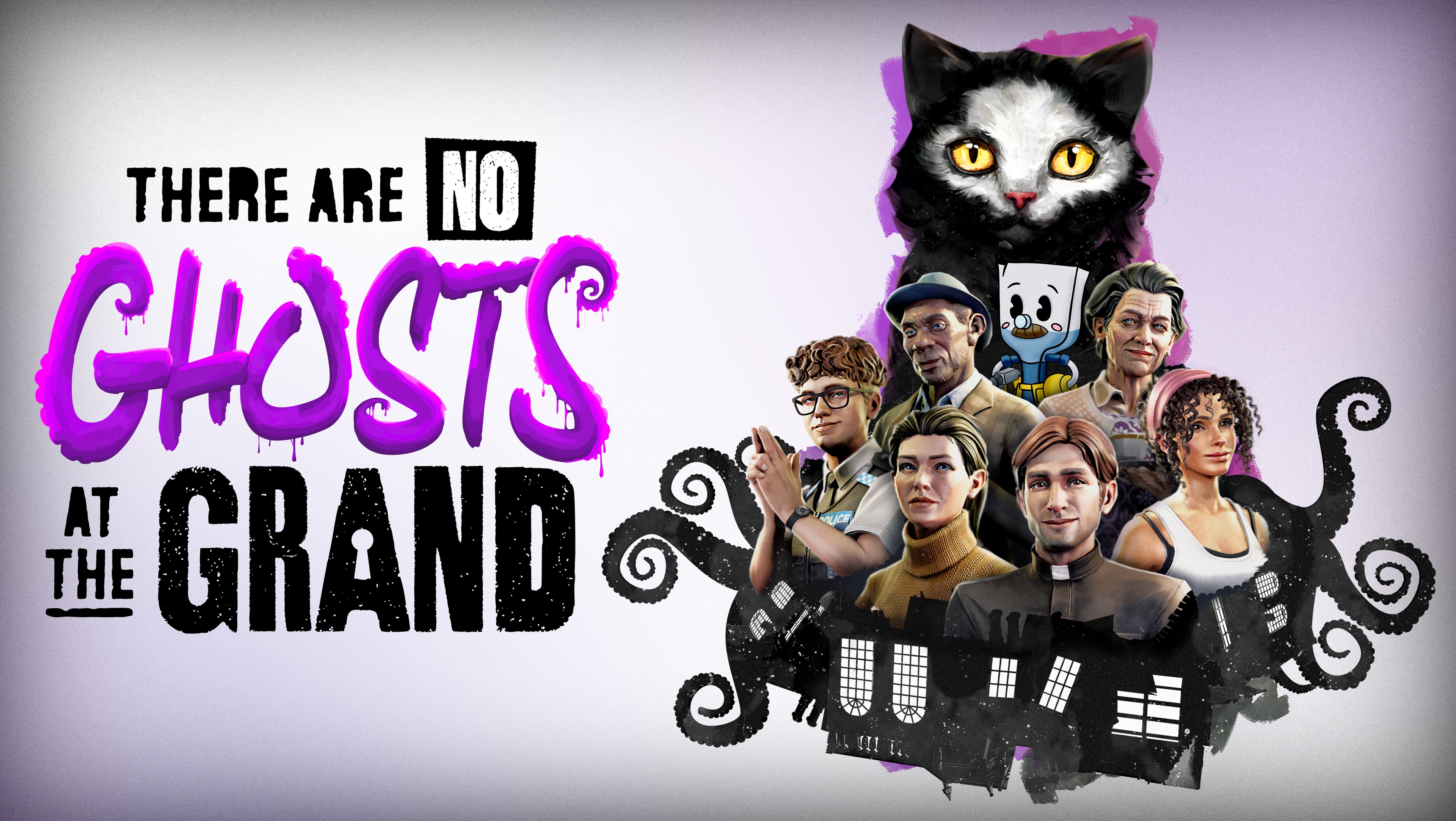 Key art for There Are No Ghosts at the Grand, showing human characters, black tentacles, and a cat
