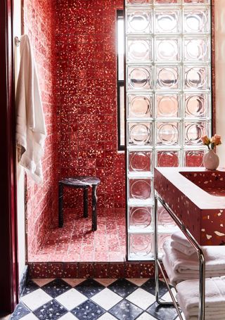 A bathroom with glass bricks