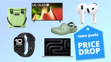 Compilation showing Yeti cooler, Apple Watch, MacBook, Crocs, AirPods