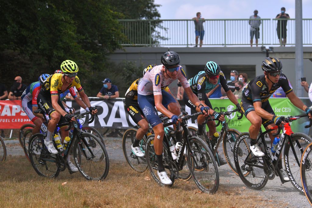 DIEST BELGIUM AUGUST 15 Lars Van Der Haar of The Netherlands and Team Telenet Lions Gerben Kuypers of Belgium and Team Tarteletto Isorex Gravel Strokes Peloton during the 17th Dwars door het Hageland 2020 a 187km race from Aarschot to Diest DwarsdhHageland DDHH20 on August 15 2020 in Diest Belgium Photo by Luc ClaessenGetty Images
