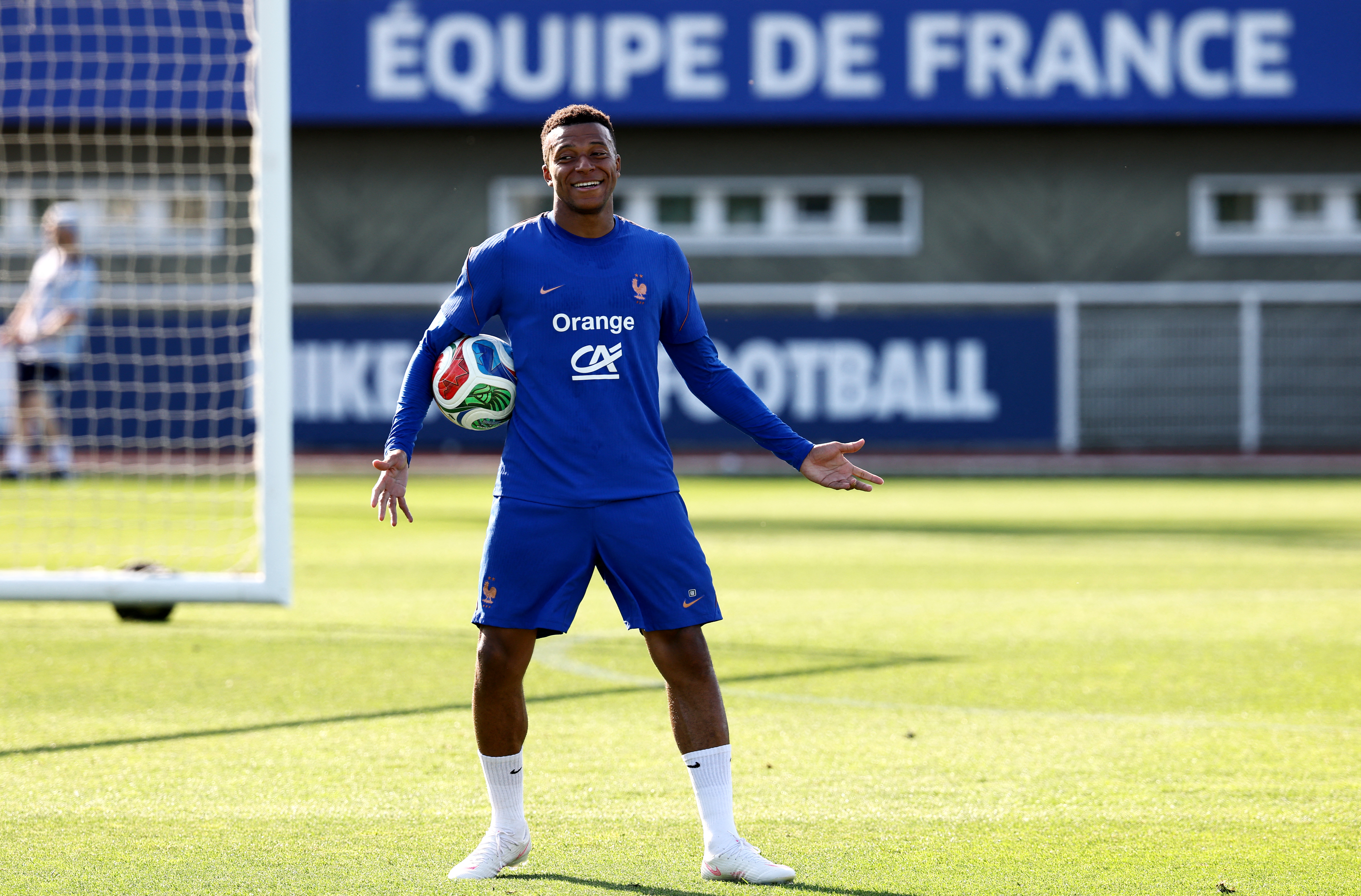 France's forward #10 Kylian Mbappe reacts during a training session at the national team training grounds in Clairefontaine-en-Yvelines, southwest of Paris, on June 1, 2026, as part of their preparation for the upcoming 2026 FIFA World Cup football tournament. (Photo by FRANCK FIFE / AFP)