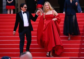 Jennifer Lawrence wears a red gown by Dior at the Cannes Film Festival
