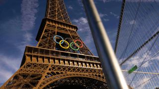 The Eiffel Tower with the Olympic Rings on it.