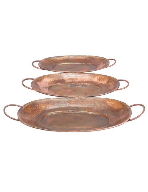 New Traditional Rustic Round Metal Tray Set Copper 3pk