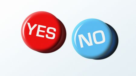 A red button that says yes and a blue button that says no.
