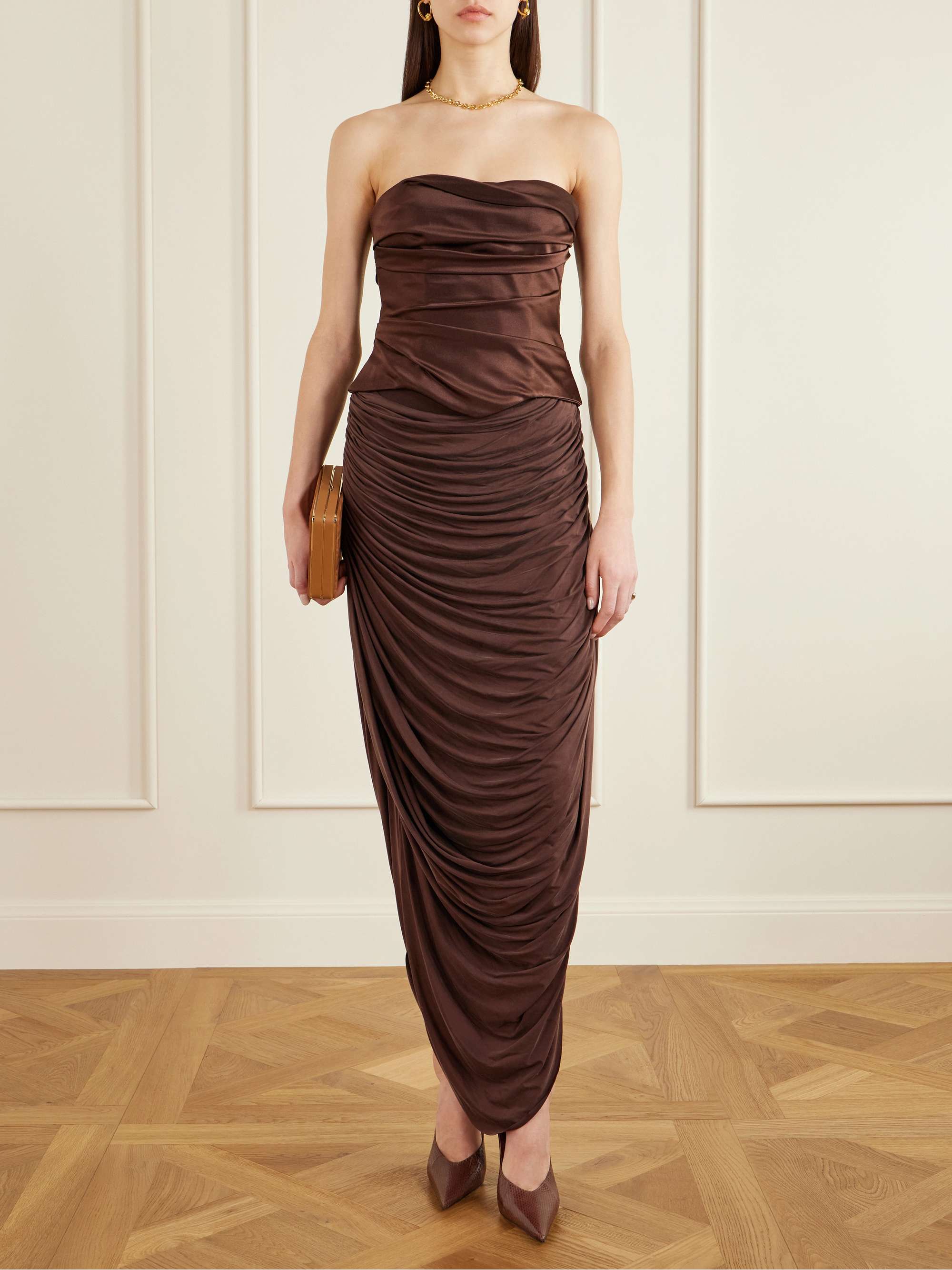 Demi Strapless Gathered Silk-Satin Bustier