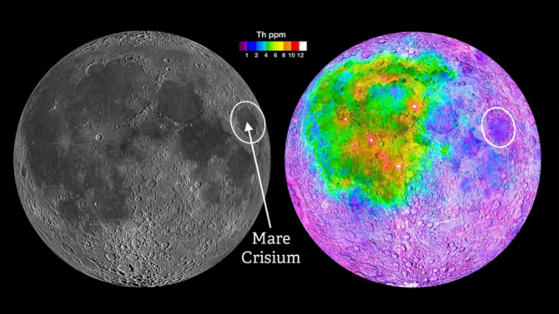 A map of the moon in visible light with an arrow and circle on the Mare Crisium region in upper right.