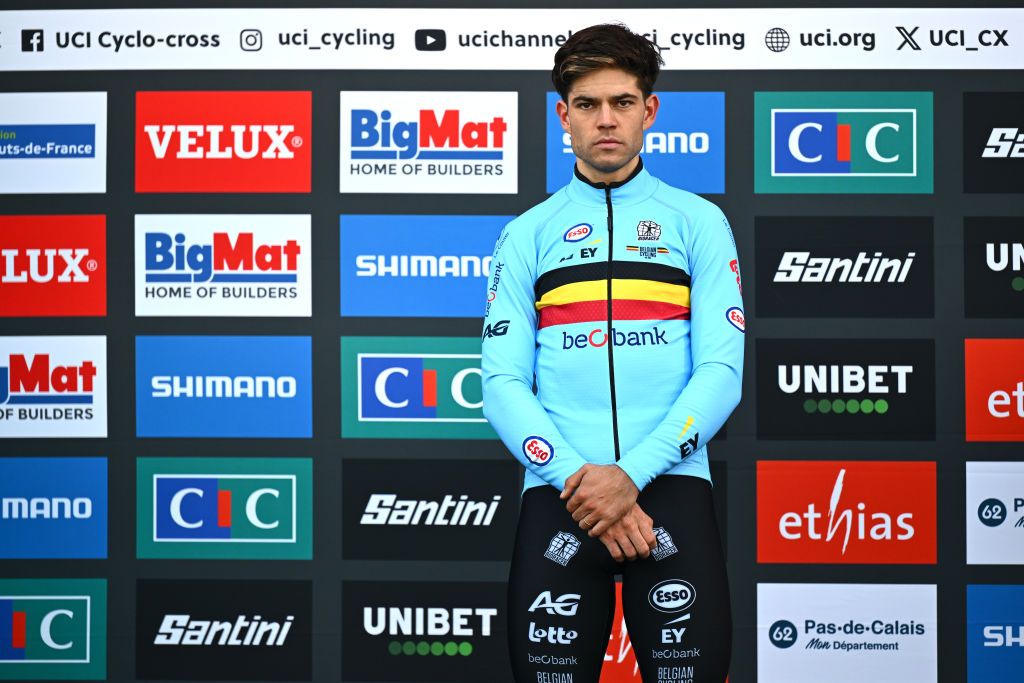 LIEVIN FRANCE FEBRUARY 02 Silver medalist Wout Van Aert of Belgium poses on the podium during the medal ceremony after the 76th UCI CycloCross World Championships 2025 Mens Elite on February 02 2025 in Lievin France Photo by Luc ClaessenGetty Images