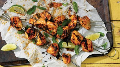 Barbecued chicken kebabs on skewers