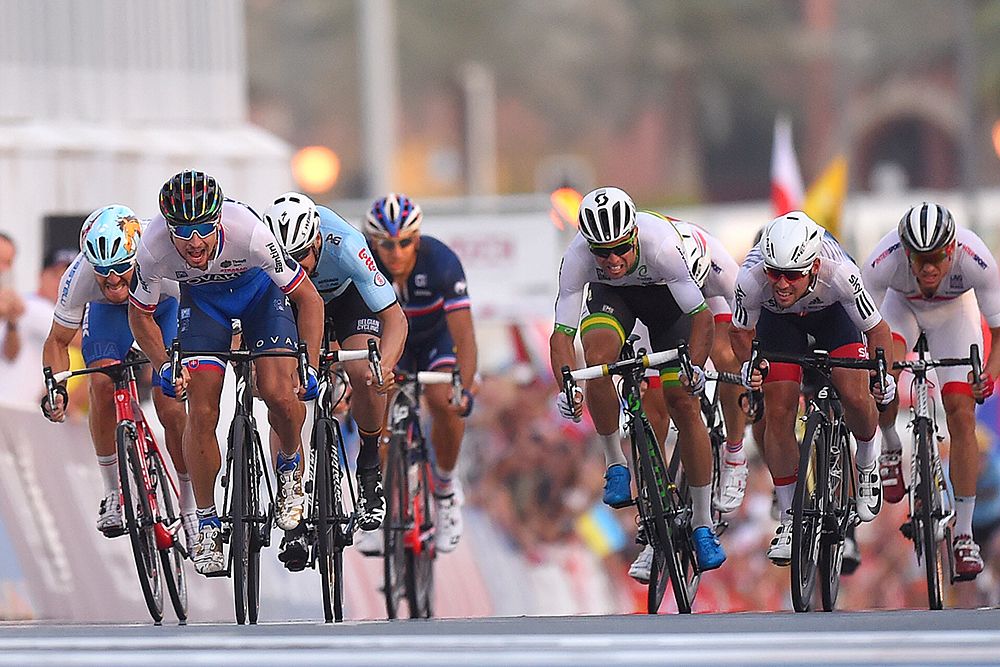 Peter Sagan wins the sprint to the line ahead of Mark Cavendish and Tom Boonen