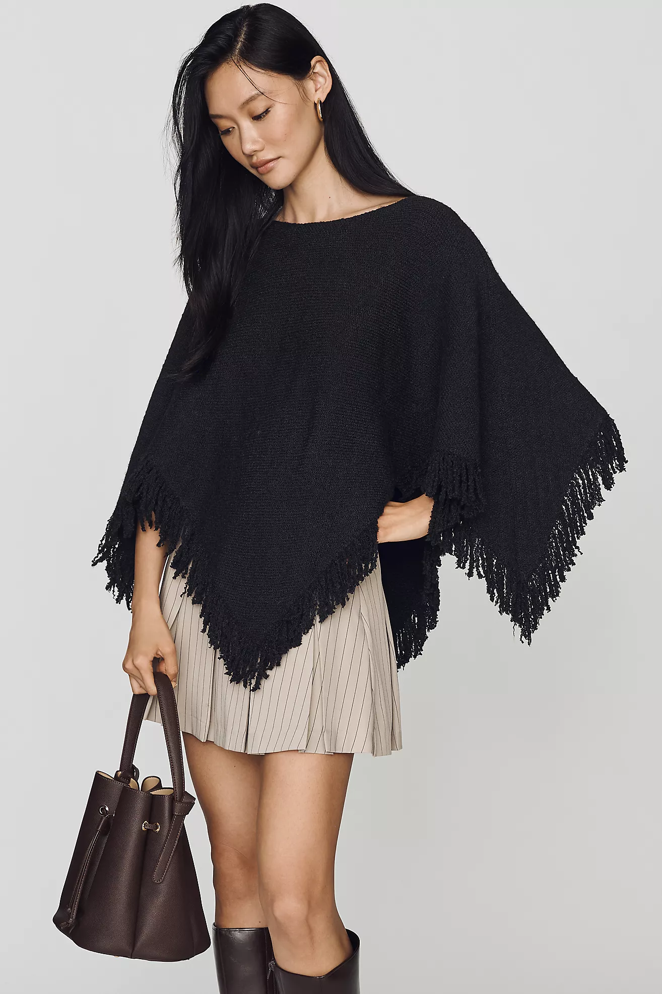 By Anthropologie Knit Fringe Triangle Poncho
