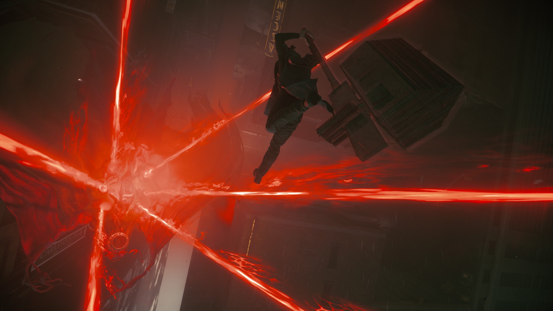 An enemy blasts out a barrage of red lasers in Control Resonant as Dylan leaps towards it with his Aberrant weapon transformed into a huge axe