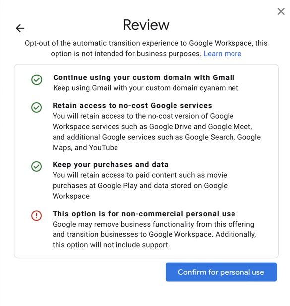 Legacy G Suite no-cost option