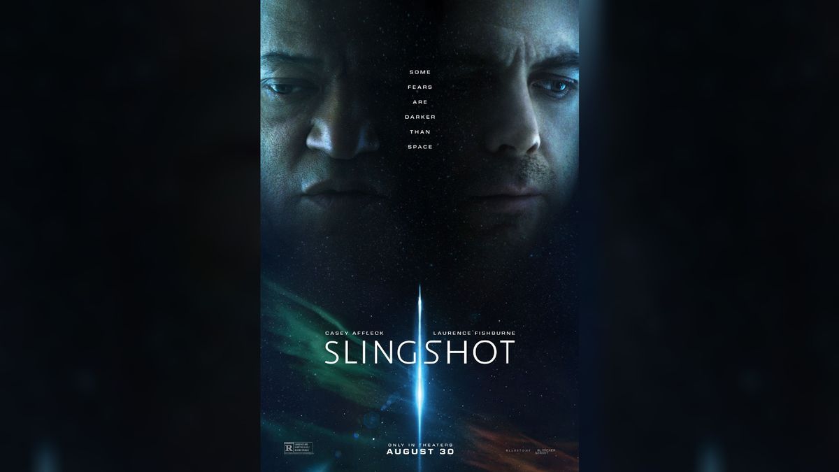 Two male astronauts framed in a Slingshot movie poster