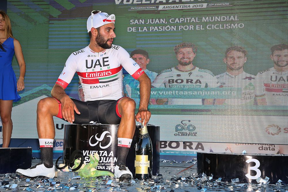 Fernando Gaviria on the stage 1 podium in San Juan