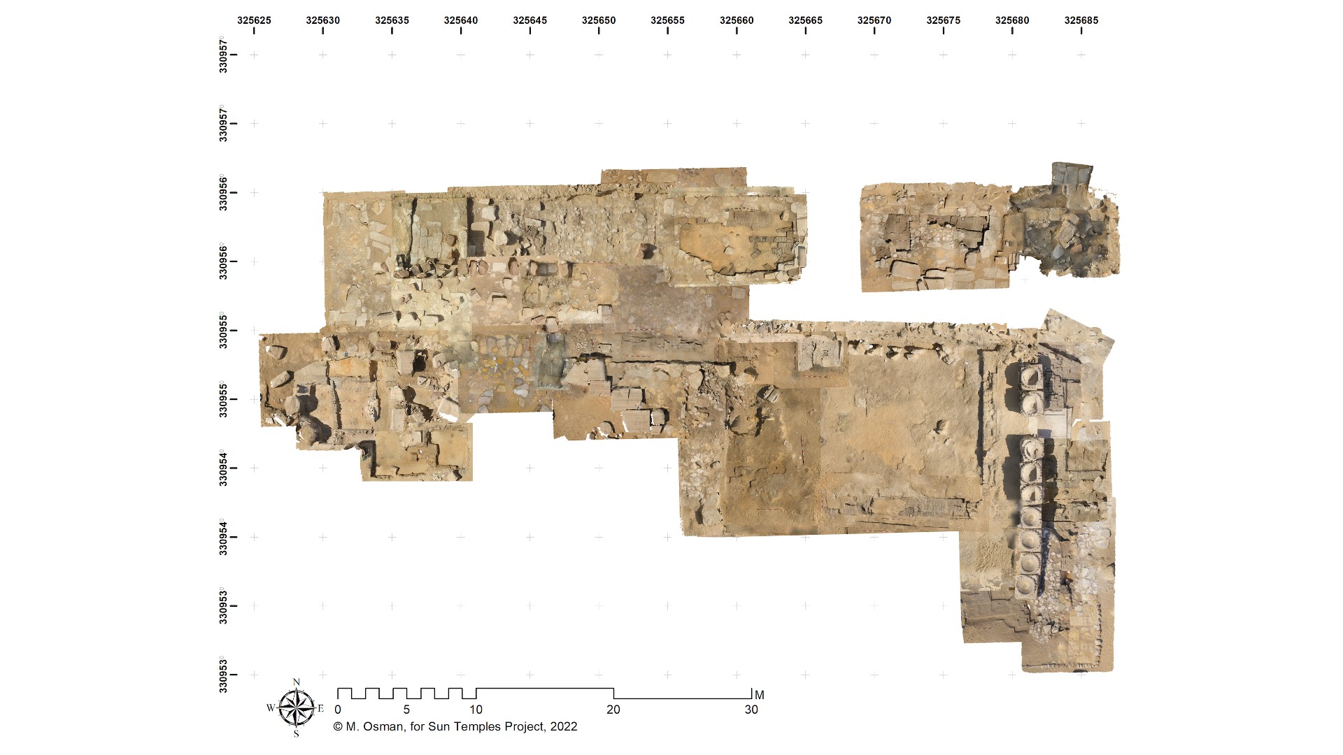 This is a to scale map showing the exaction site of the Sun Temple. It is a large L-shape.