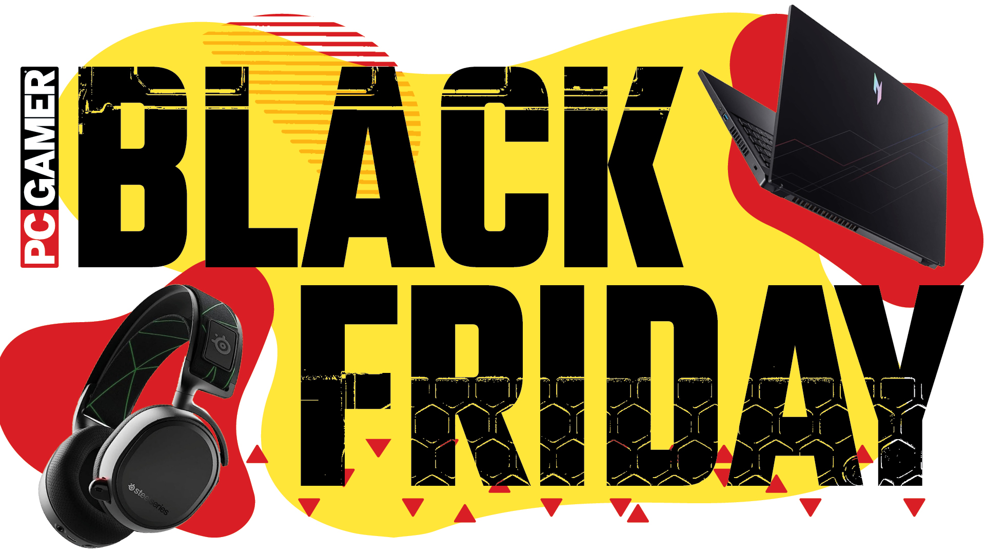 PC Gamer Black Friday logos featuring a Steelseries headset and Acer gaming laptop