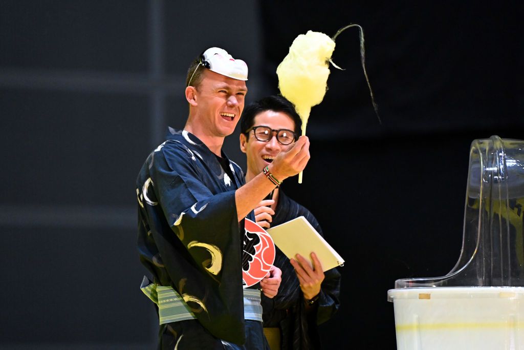SAITAMA JAPAN NOVEMBER 05 Christopher Froome of United Kingdom and Team Israel Premier Tech makes cotton candy and participates in a Quiz Contest at Thematic Japanese Festival during the 8th Tour de France Saitama Criterium 2022 Media Day SaitamaCriterium on November 05 2022 in Saitama Japan Photo by Kenta HaradaGetty Images