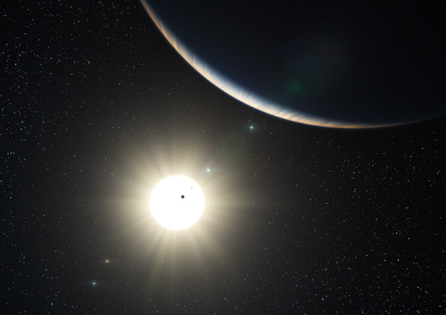 This artist&#039;s impression shows the remarkable planetary system around the sun-like star HD 10180.