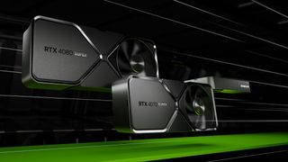 A trio of Nvidia RTX 40-series Super GPU against a green and black background