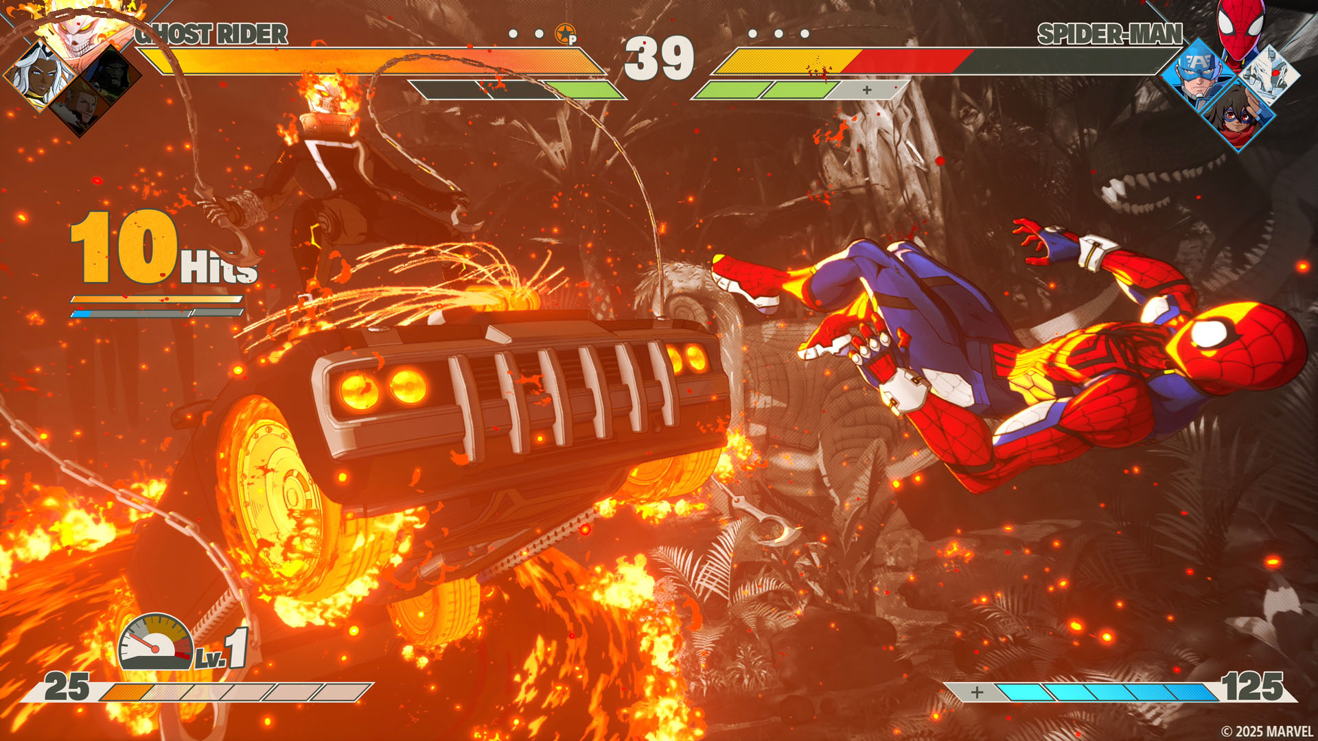 Ghost Rider and Spider-Man fight in Marvel Tokon: Fighting Souls as Ghost Rider uses a super move to hit Spidey with a whole car