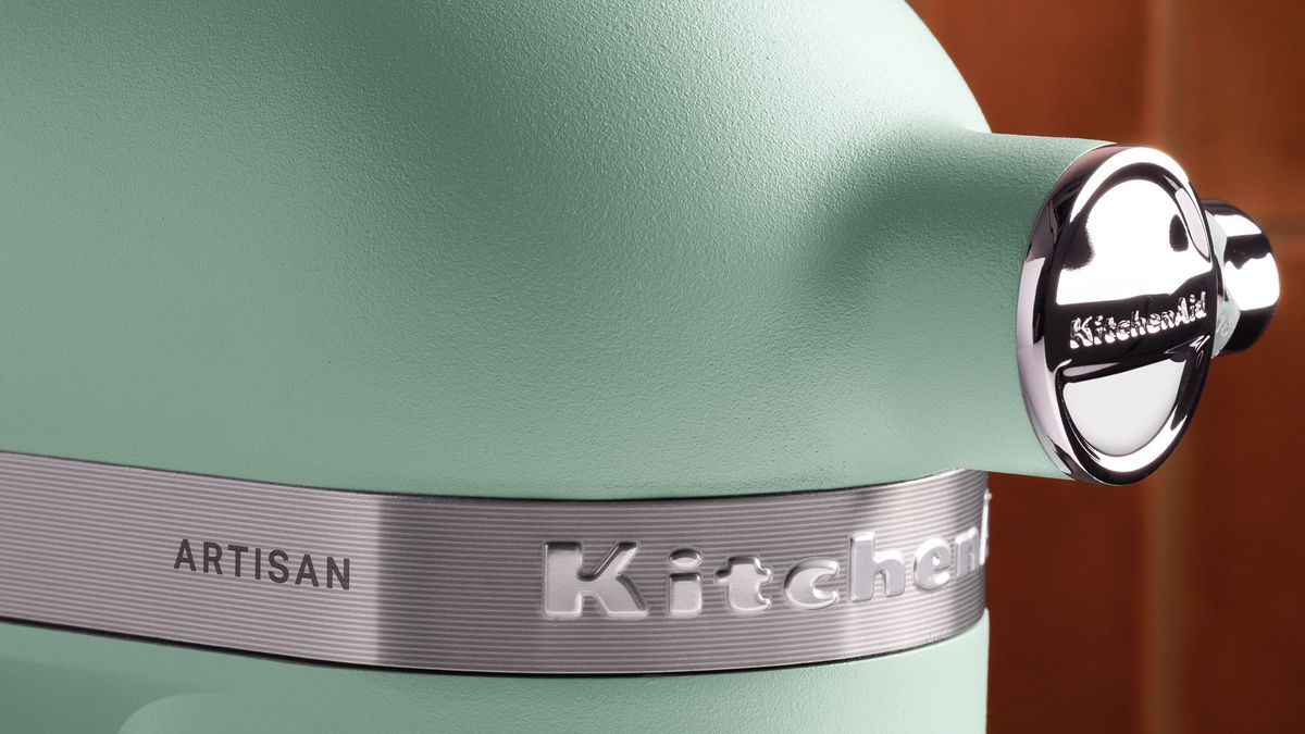 Close-up of KitchenAid Artisan stand mixer in Mint