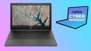 HP Chromebook 11 on a gradient background with a Cyber Monday logo