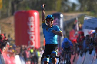 ALTO DO MALHO LOUL PORTUGAL FEBRUARY 22 Arrival Miguel ngel Lpez of Colombia and Team Astana Pro Team Celebration during the 46th Volta ao Algarve 2020 Stage 4 a 1697km stage from Albufeira to Alto do Malho 518m Loul VAlgarve2020 on February 22 2020 in Alto do Malho Loul Portugal Photo by Tim de WaeleGetty Images