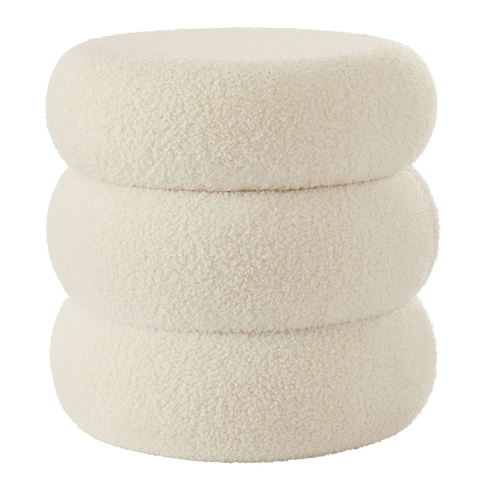 A white circular boucle storage ottoman