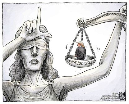 Political Cartoon U.S. President Trump first 100 days failure justice