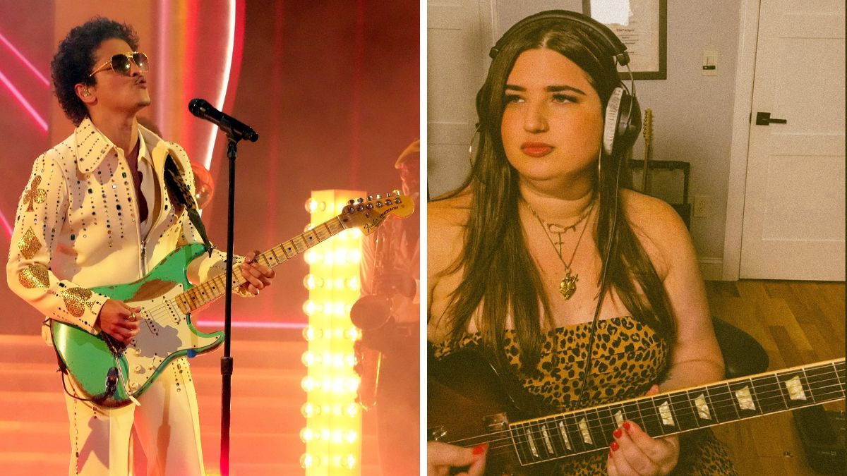 Right-Ella Feingold with guitars in the background; Left-Bruno Mars of Silk Sonic performs onstage during the 64th Annual GRAMMY Awards at MGM Grand Garden Arena on April 03, 2022 in Las Vegas, Nevada