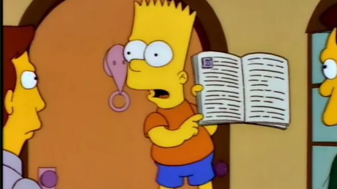 Bart Simpson holding up a book of laws