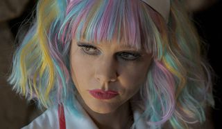 Carey Mulligan in rainbow wig in Promising Young Woman