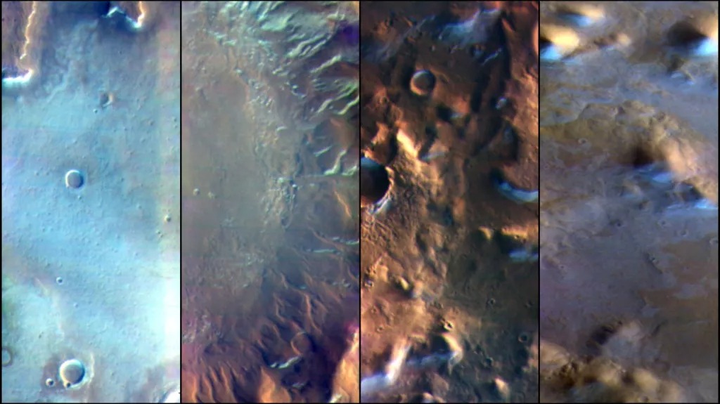A geada de dióxido de carbono aparece em azul claro nessas imagens capturadas pelo rover Mars Odyssey da NASA.