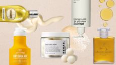 A collage of the woman&home digital beauty team's autumn body care favourites, featuring products from L'Occitane, Sol de Janeiro, Rehab., Nécessaire and Aromatherapy Associates, alongside lotion, body scrub and oil swatches/ on a pastel beige/pink template