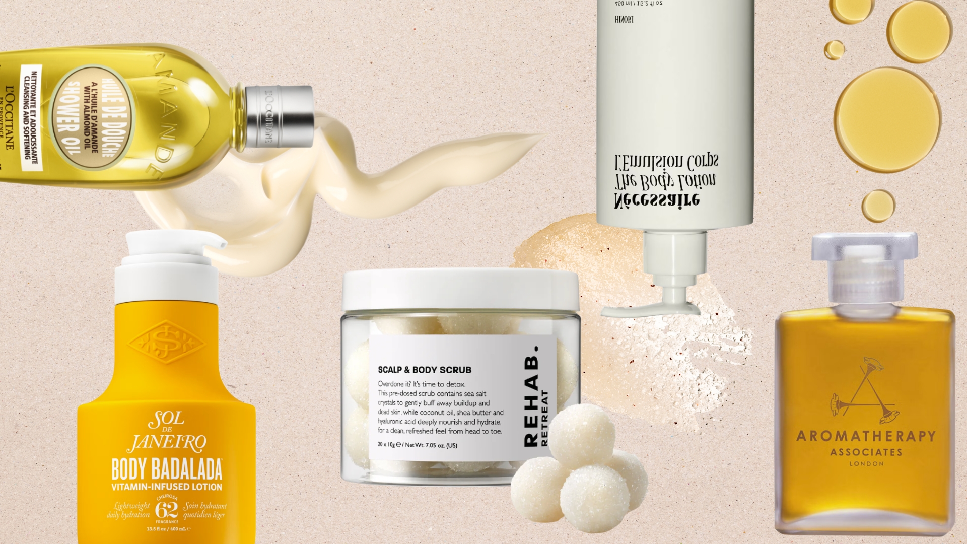 A collage of the woman&amp;home digital beauty team&#039;s autumn body care favourites, featuring products from L&#039;Occitane, Sol de Janeiro, Rehab., Nécessaire and Aromatherapy Associates, alongside lotion, body scrub and oil swatches/ on a pastel beige/pink template
