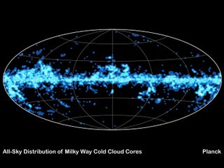 This map illustrates the numerous star-forming clouds, called cold cores, that Planck observed throughout our Milky Way galaxy. Planck, a European Space Agency mission with significant NASA participation, detected around 10,000 of these cores, thousands o