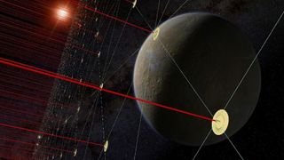 An image of a planet superimposed by a network of lasers