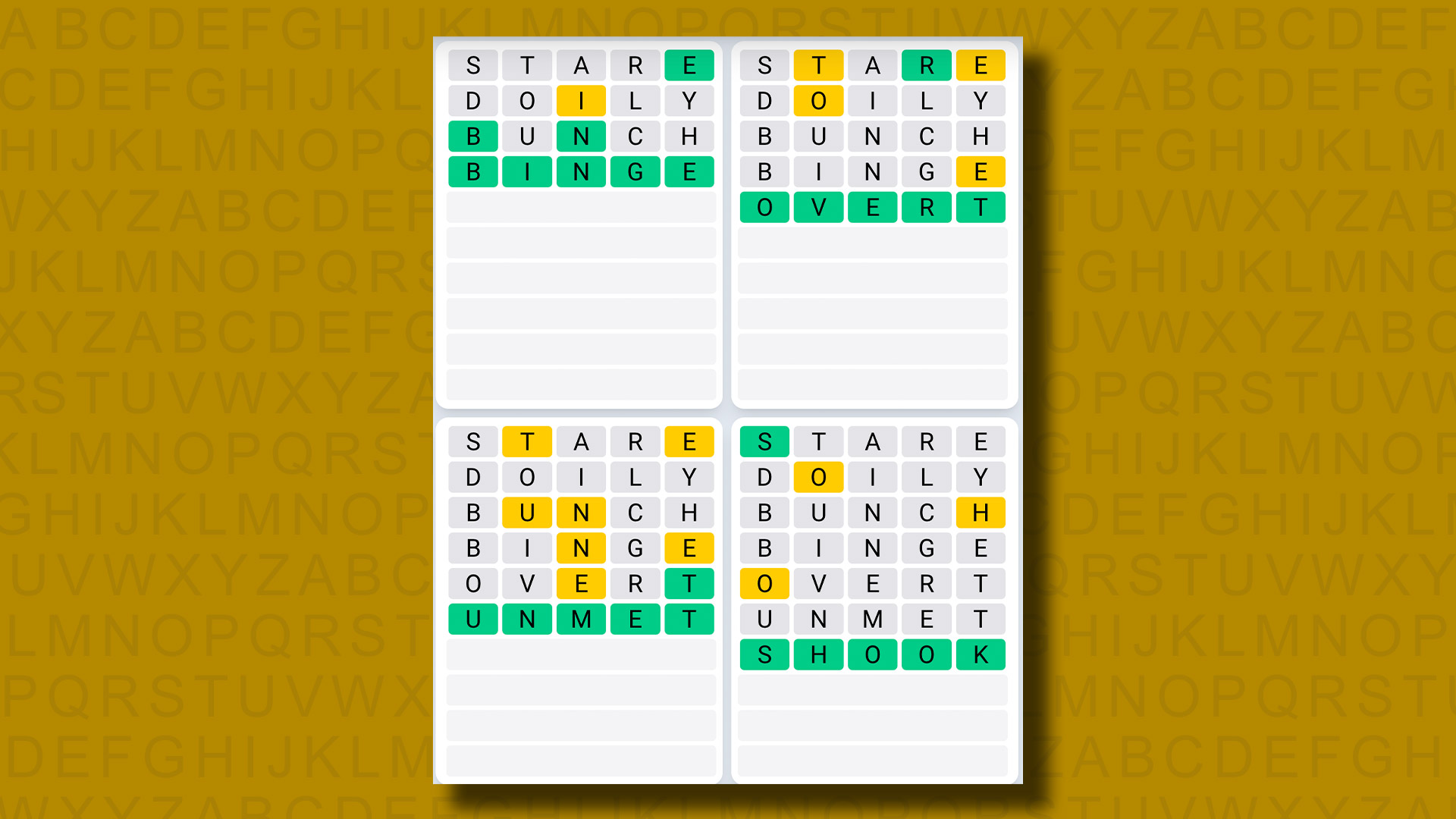 Quordle Day-to-day Sequence answers for sport 988 on a yellow background