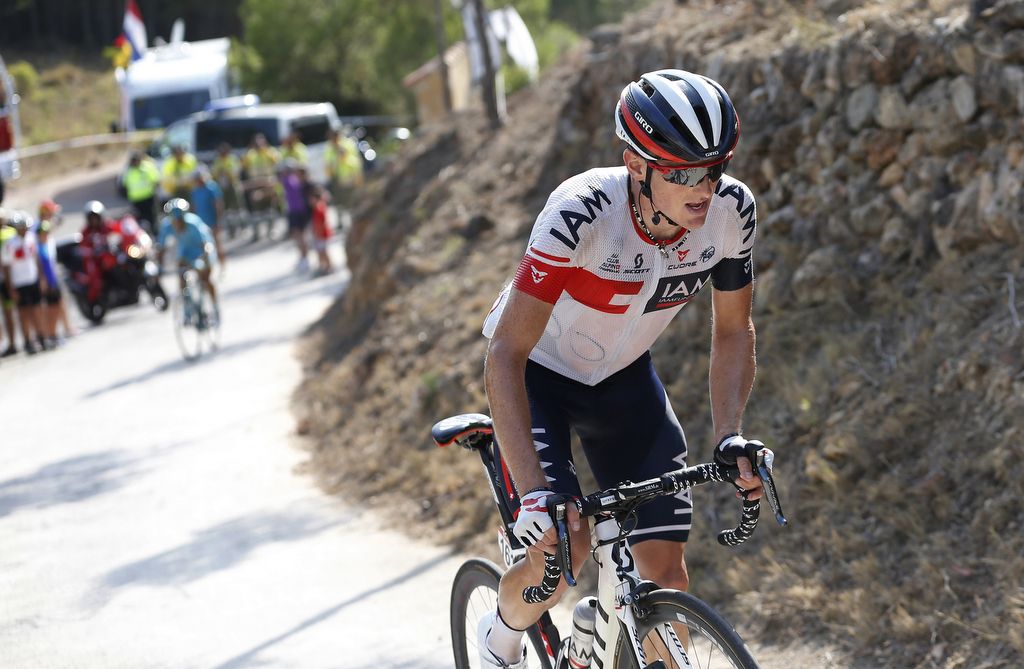 Mathias Frank (IAM Cycling) riding to the stage win, his first grand tour stage victory