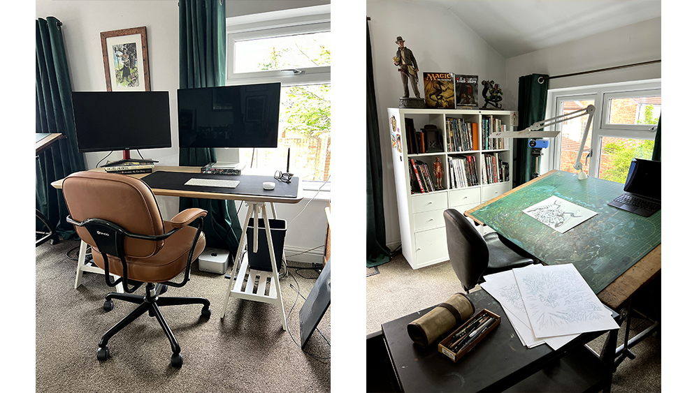 Two photos of tables in an artist&#039;s studio, one with two computer monitors and the other with artwork in progress